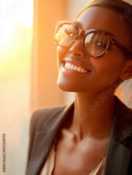Obraz Smiling businesswoman in glasses and suit, confidently starting her day at sunrise