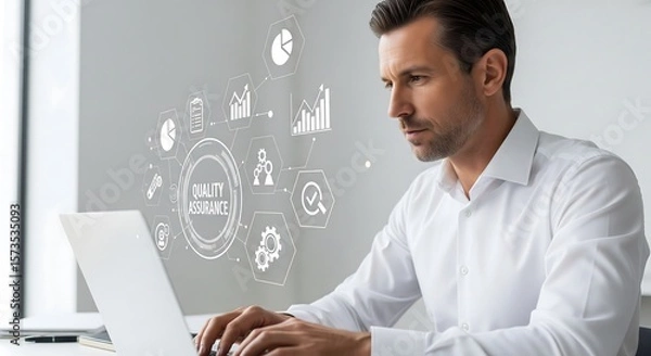 Fototapeta Man working on laptop. Quality assurance graphic overlays image. Focus on analysis, charts, and data. Business professional at work, using technology.