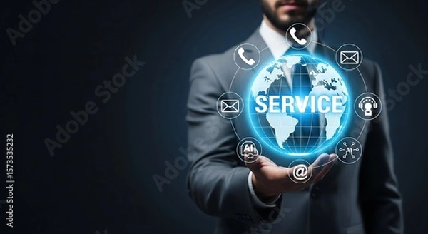 Fototapeta Man in suit holding globe with Service text, surrounded by communication icons. Implies global customer support and connectivity.