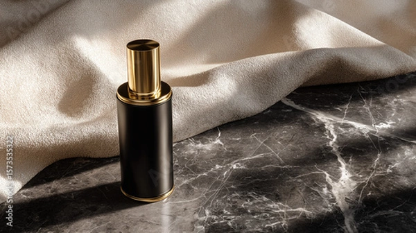Fototapeta Black and gold luxury bottle mockup on marble surface