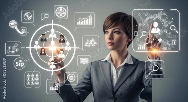 Fototapeta Businesswoman interacting with digital interface. Shows data, teamwork, targeting, HR, graphs. Futuristic tech concept.