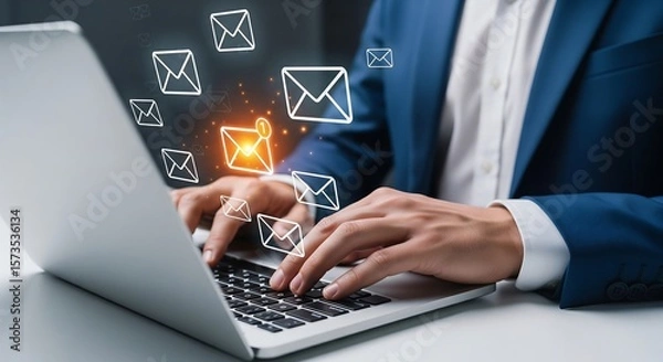 Fototapeta Man typing on a laptop with email icons floating above the keyboard. Suggests digital communication, notifications, and business correspondence.