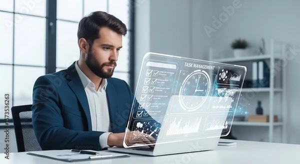 Fototapeta Man using laptop displaying a task management interface. He is wearing a suit jacket and appears focused. High tech and efficient concepts.