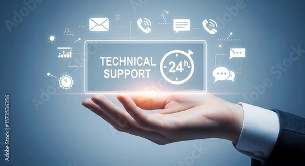 Fototapeta Hand holding a Technical Support 24h graphic. Icons representing communication & data analysis surround it. Blue background. Represents customer service.