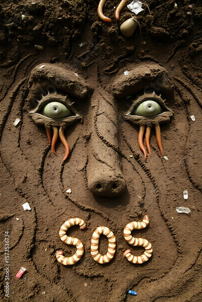 Obraz Erosion of farm soil creates screaming faces. Valleys as teardrops. Plastic remnants as strange ornaments. Dying earthworms spell out "SOS." A surreal environmental art style. - 1