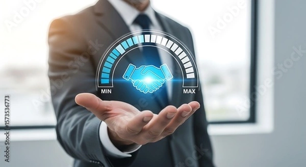 Fototapeta Businessman holding a glowing handshake icon with a progress meter. Depicts partnership, deal making, success, and achievement in business.