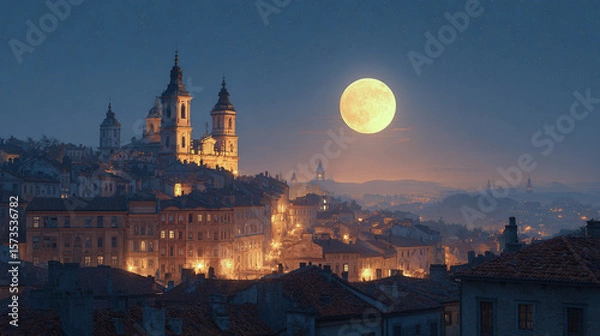 Fototapeta Nighttime cityscape with illuminated buildings and full moon casting a serene glow over rooftops