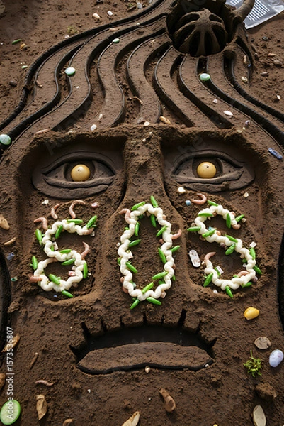 Obraz Erosion of farm soil creates screaming faces. Valleys as teardrops. Plastic remnants as strange ornaments. Dying earthworms spell out "SOS." A surreal environmental art style. - 1