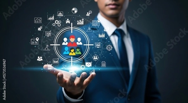 Fototapeta Man in a suit presents a targeted group icon floating above his hand. Digital icons surround it, representing data, analytics, and various business functions.