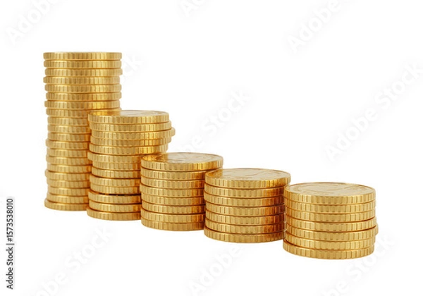 Fototapeta 3D Illustration Golden Coins Stacked in Descending Piles Transparent Background