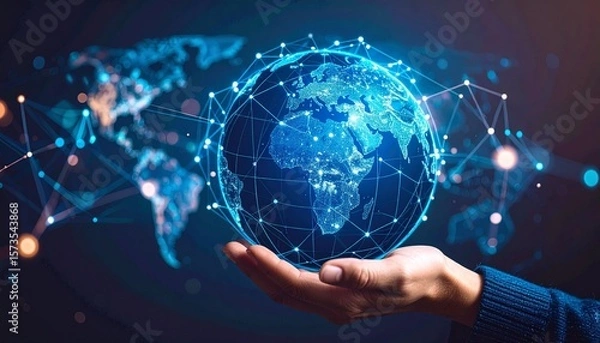 Fototapeta Futuristic concept of global technology with a hand holding a glowing blue digital Earth, surrounded by a data network and abstract world map.