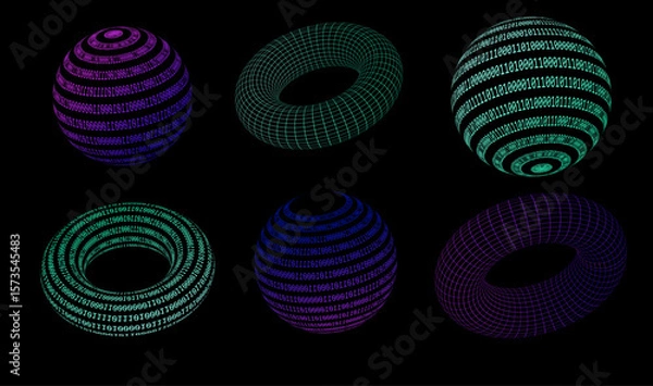 Obraz Vector illustration in a digital cyber style features six 3D spheres and torus shapes with glowing wireframes and binary code. Main colors include neon blue, green, and purple on a black background.