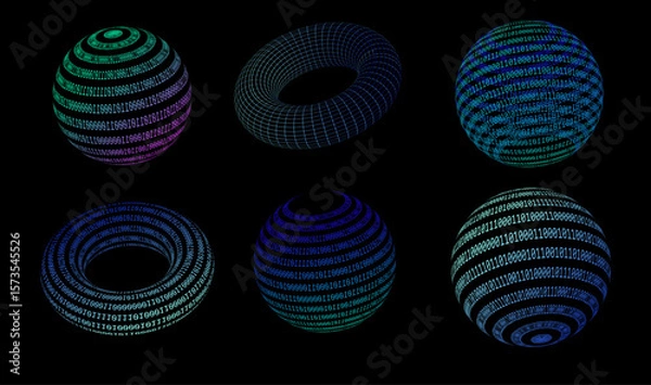 Obraz Vector illustration in a digital cyber style features six 3D spheres and torus shapes with glowing wireframes and binary code. Main colors include neon blue, green, and purple on a black background.