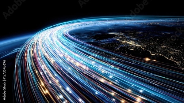 Fototapeta Abstract global maps showcasing high-speed data transmission, Each image visualizes the concept of global connectivity, technological growth, and business data flow through illuminated lines represent