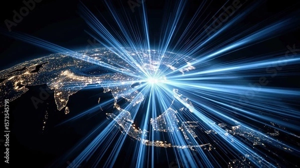 Fototapeta Abstract global maps showcasing high-speed data transmission, Each image visualizes the concept of global connectivity, technological growth, and business data flow through illuminated lines represent