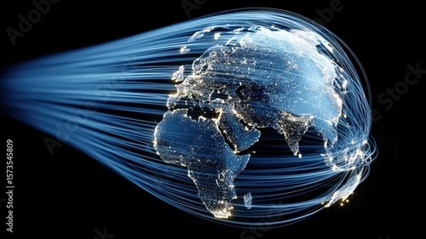 Fototapeta Abstract global maps showcasing high-speed data transmission, Each image visualizes the concept of global connectivity, technological growth, and business data flow through illuminated lines represent