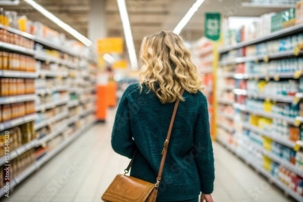 Fototapeta A woman comparing products in a grocery store shopping