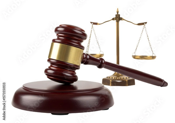 Fototapeta Isolated Illustration of Golden Gavel with Balance Scales on Transparent