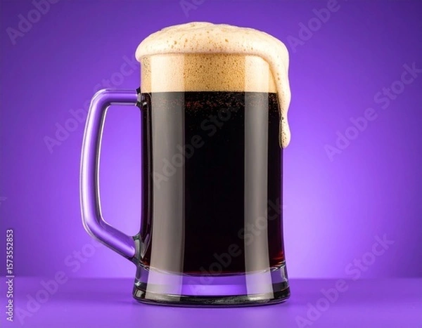 Fototapeta 
a jar of dark beer with lots of foam coming out of the glass on a purple background