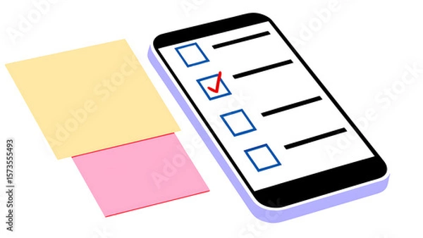 Fototapeta 3d mobile phone with checklist smartphone screen with checkmarks to do list with completed tasks note with survey or done test realistic elements isolated on white background 3d rendering 96100090 1