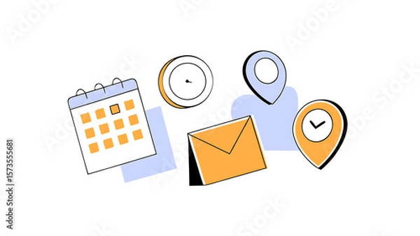 Fototapeta 3d cartoon office set emoji icons yellow envelope clock calendar and golden coin location pin business and education concept work collection elements finance objects 3d vector illustration 78651088 1