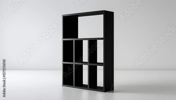 Fototapeta Black silhouette of a minimal rectangular shelf with one open cubby centered, surrounded by darkened compartments on a pure white background, evoking mystery, order, and modern simplicity
