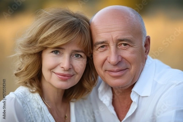 Obraz Caucasian mature couple smiling in outdoor setting with warm lighting