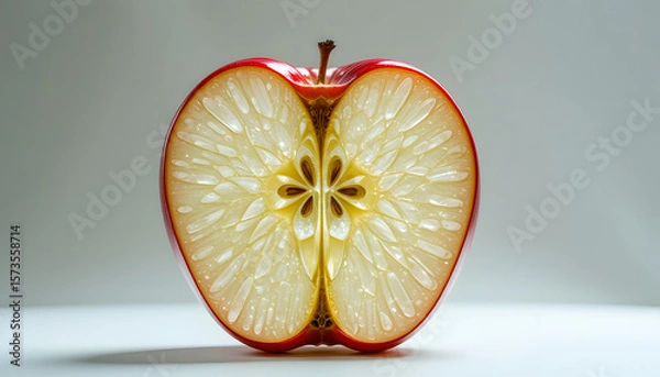 Fototapeta Discover the allure of a transparent crystal apple half, its complex design enhanced by brilliant light and subtle reflections.