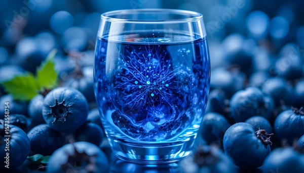 Fototapeta An artistic composition of transparent glass and blueberries, emphasizing intricate textures and a refreshing blue hue.
