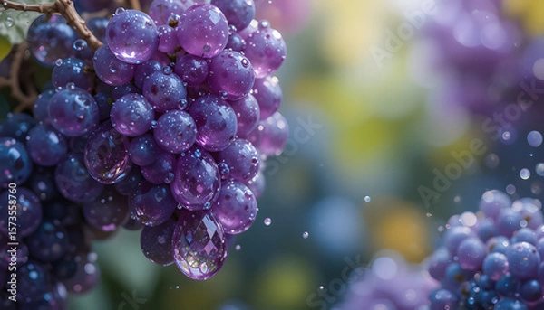 Fototapeta A bunch of transparent crystal grapes, brilliant with internal light and dewy surface.