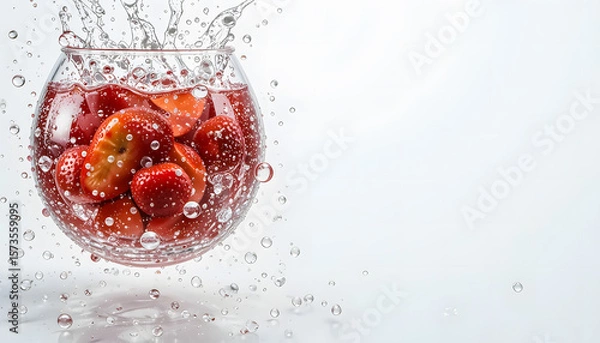 Fototapeta Apples in a glass bowl with water droplets, suspended in mid-air.