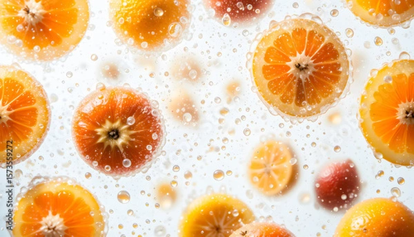 Fototapeta An assortment of vibrant orange fruit and slices with water droplets, suspended in mid-air against a white background.