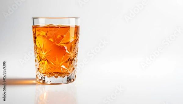 Fototapeta A striking close-up of a crystal glass filled with an amber liquid, showcasing its intricate diamond-cut surface on a clean white background.