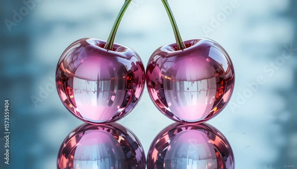 Fototapeta Brilliant crystal cherries, alive with light and sharp reflections, presented as timeless decorative objects with remarkable detail.