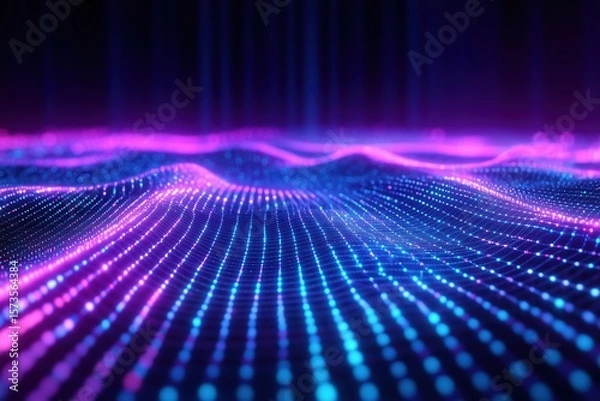 Fototapeta A dynamic array of luminous blue and violet nanoparticles form soft, undulating waves in dark space.