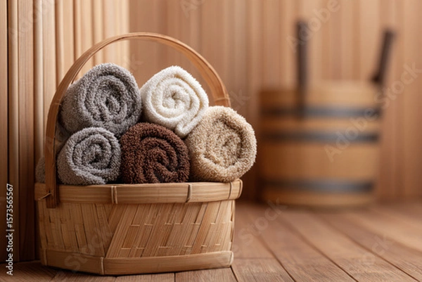 Fototapeta Towels arranged neatly in a wooden basket in a serene spa environment with a calming atmosphere