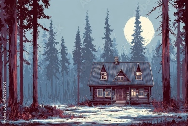 Obraz A cozy tiny house nestled in the woods under a full moon, illuminated by its soft glow. The serene scene captures the beauty of nature and solitude.