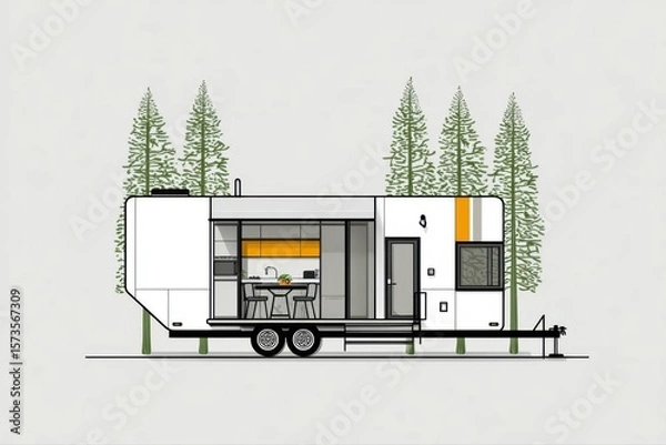 Obraz A white and orange RV parked in a serene natural setting with trees in the background, under a clear blue sky.