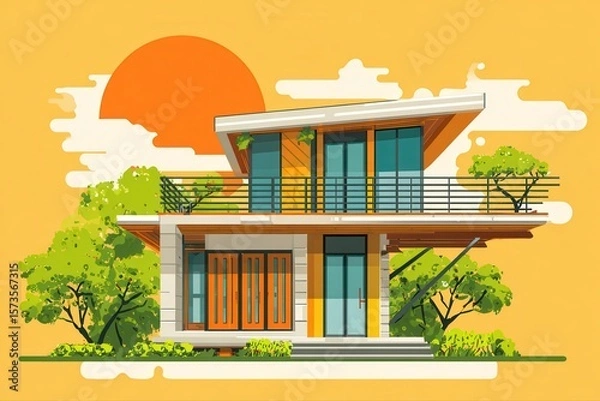 Obraz A cozy tiny house nestled in nature with a balcony on the roof, perfect for enjoying the outdoors and taking in the scenic views.