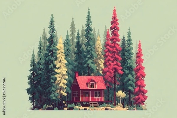 Obraz A cozy cabin nestled in the woods surrounded by tall trees, featuring a charming red roof. This tranquil scene captures the essence of nature and solitude.