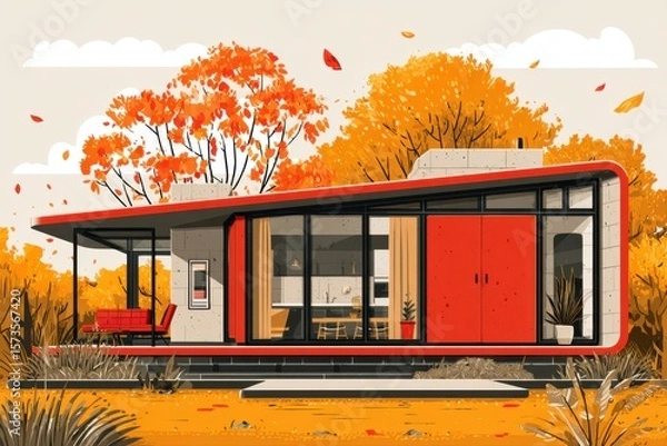 Obraz A charming red house standing alone in the middle of a vast field, surrounded by nature and tranquility. The tiny house exudes a cozy and inviting atmosphere