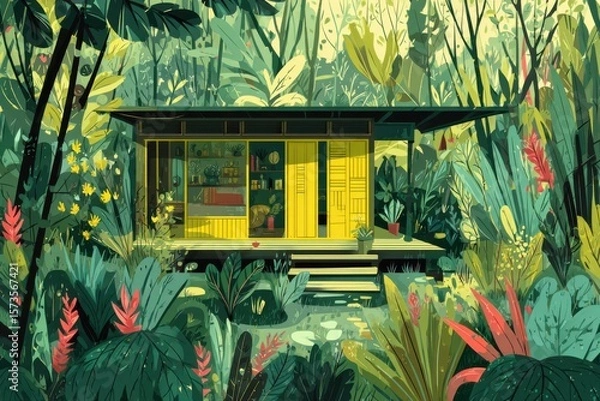 Obraz A cozy small cabin nestled in the lush green jungle, featuring a vibrant yellow door. The serene setting provides a peaceful escape into nature.