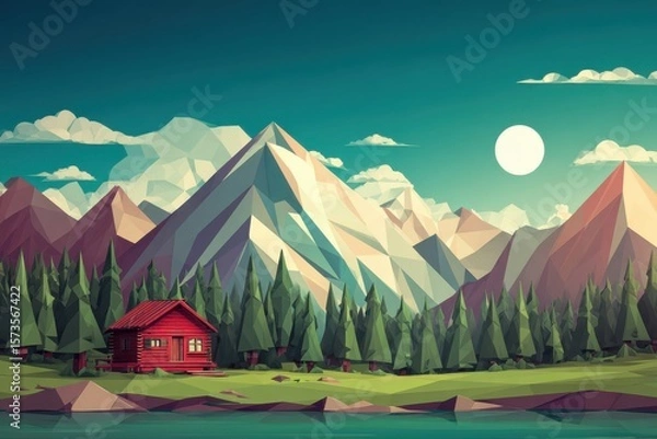 Obraz A cozy cabin nestled in the mountains overlooking a serene lake surrounded by lush green trees, perfect for a peaceful getaway in nature.