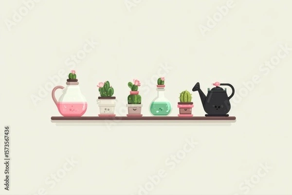 Obraz A shelf filled with a variety of plants and pots, creating a beautiful urban gardening display on a rooftop.