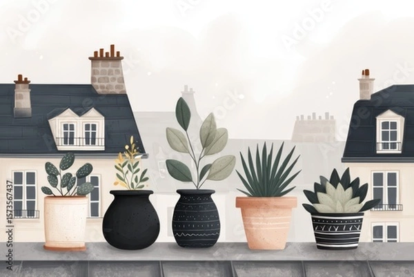 Obraz A flat vector illustration showing a row of potted plants on rooftop gardens, representing urban gardening.