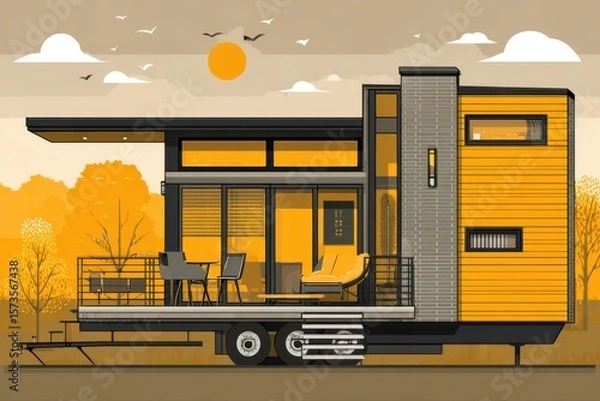 Obraz This illustration features a yellow and black truck with a small house on the back, set in a natural landscape. The flat vector art style adds a modern touch to this rural scene.