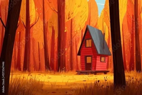 Obraz A cozy red cabin nestled in the serene woods, surrounded by tall trees and lush greenery.