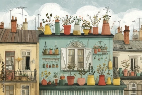 Obraz A colorful painting depicting a charming balcony adorned with various pots filled with lush plants, creating a cozy urban gardening oasis on rooftops.