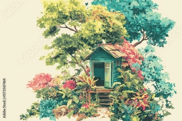 Obraz This illustration depicts a charming tree house nestled among vibrant flowers in a serene natural setting. The flat vector art style adds a whimsical touch to the scene.