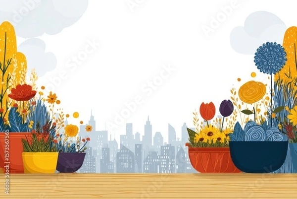 Obraz A rustic wooden table adorned with various pots filled with colorful flowers, creating a charming and vibrant display for urban gardening on rooftops.